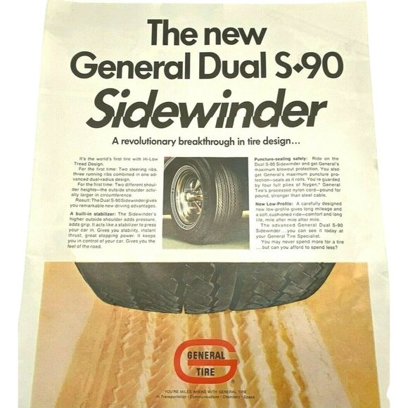 Vintage 60s Print Ad General Tire Dual S-90 Sidewinder Automotive Retro - Picture 6 of 6